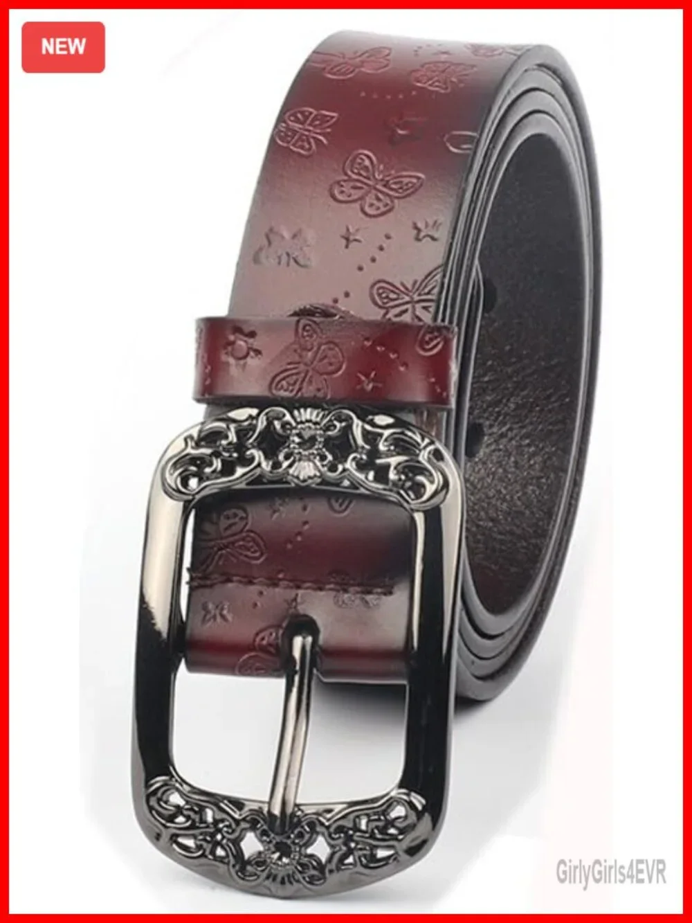 Women's Vintage Leather Belt with Hollow Floral Etched Design Large Buckle